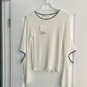 Zara Cream Ribbed Top with Black Trim and cut out elbows